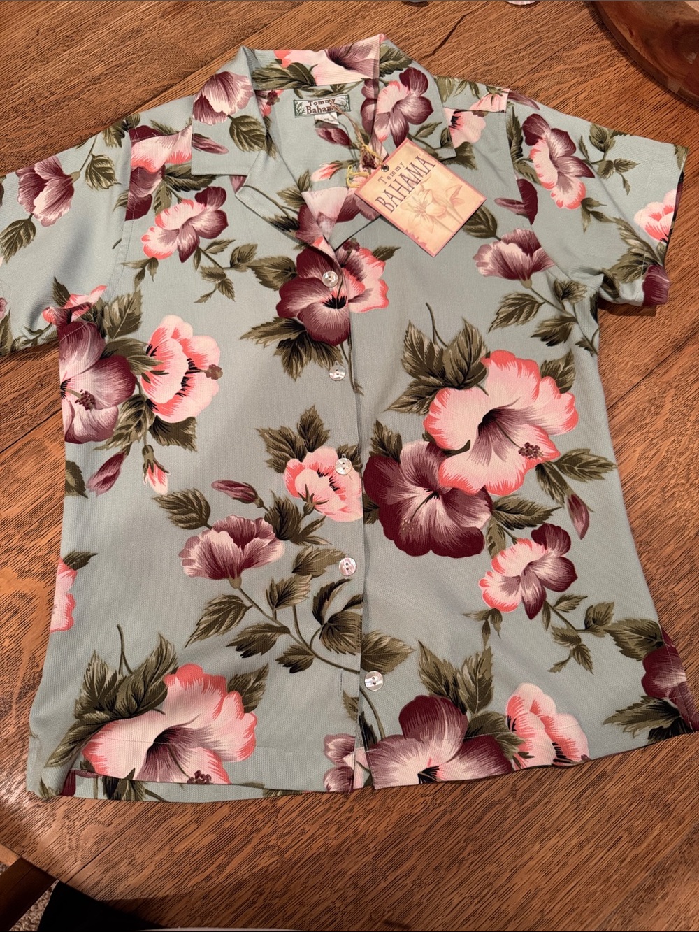 Tommy Bahama Floral Camp Shirt in Sage Green with Pink Blossoms